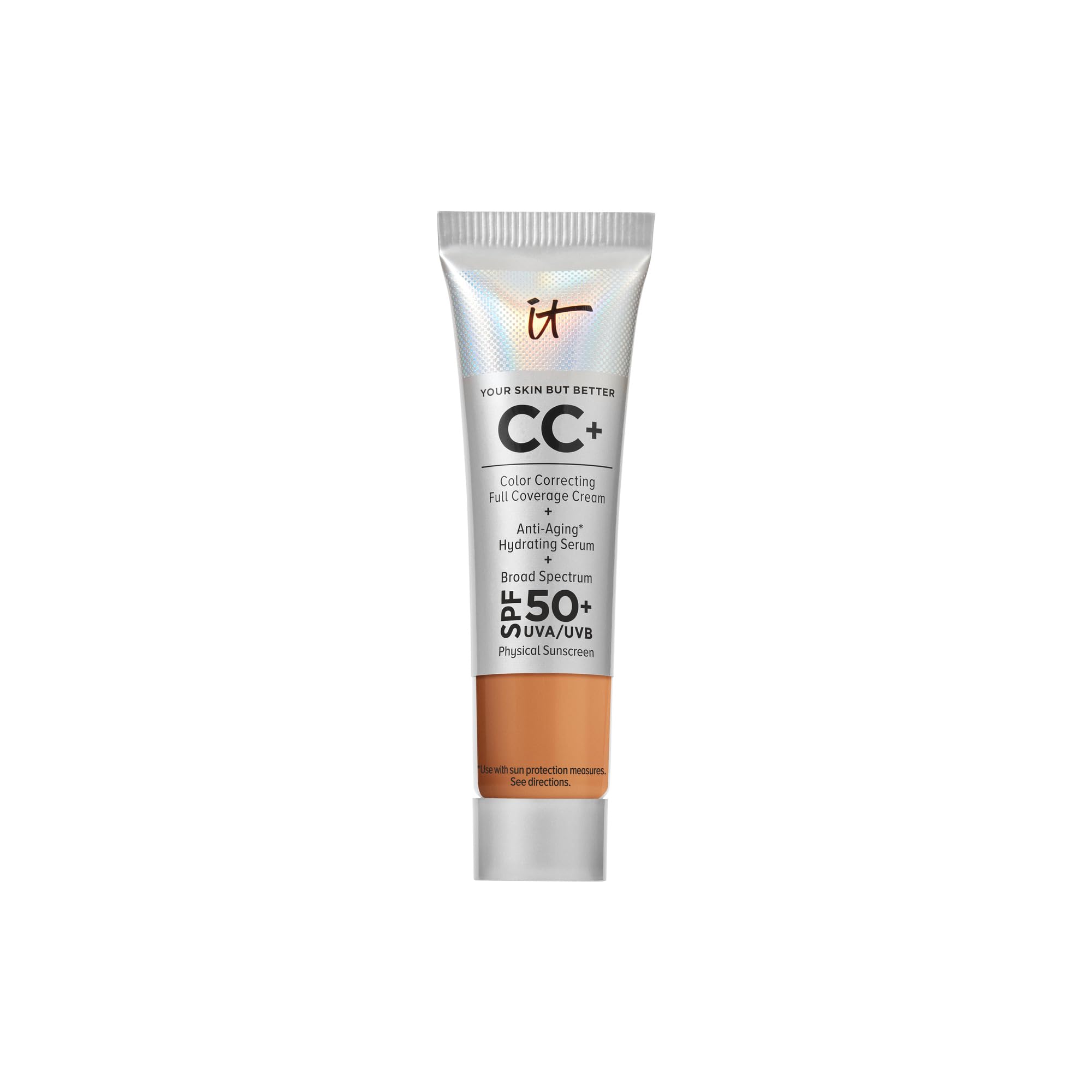 IT Cosmetics CC+ Cream Travel Tan bottle shows all-in-one coverage with SPF 50+.