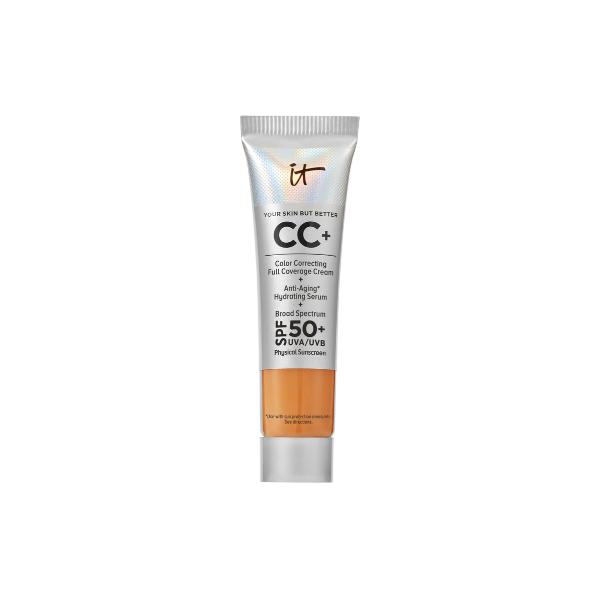 IT Cosmetics CC+ Cream Travel Tan Rich bottle displays SPF 50+ protection and full coverage.