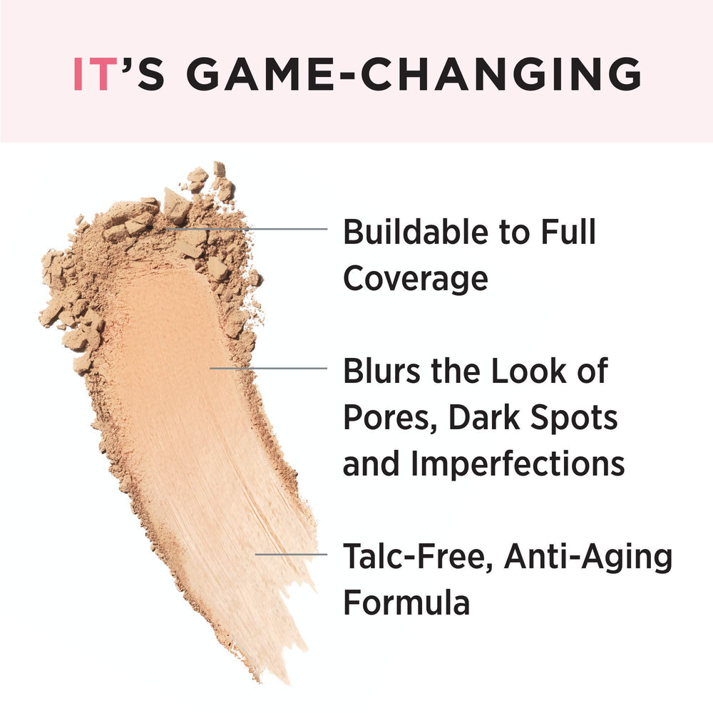 IT Cosmetics CC+ Airbrush Powder compact close-up reveals a smooth texture.