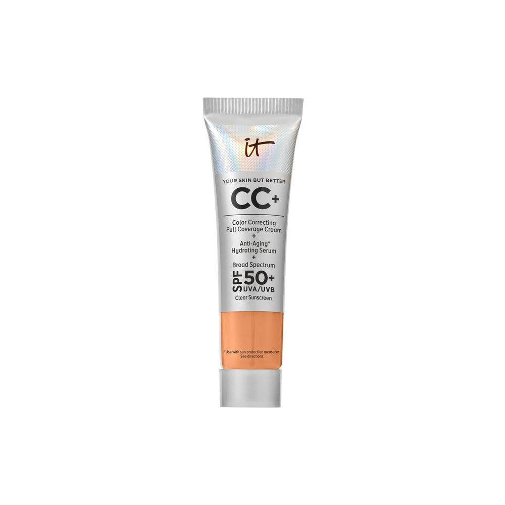 IT Cosmetics CC+ Cream Travel Tan Cool bottle, shade-matched hydration for a natural finish.
