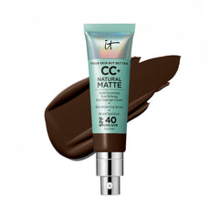 IT Cosmetics CC+ Cream Natural Matte Deep Cool bottle with poreless coverage.