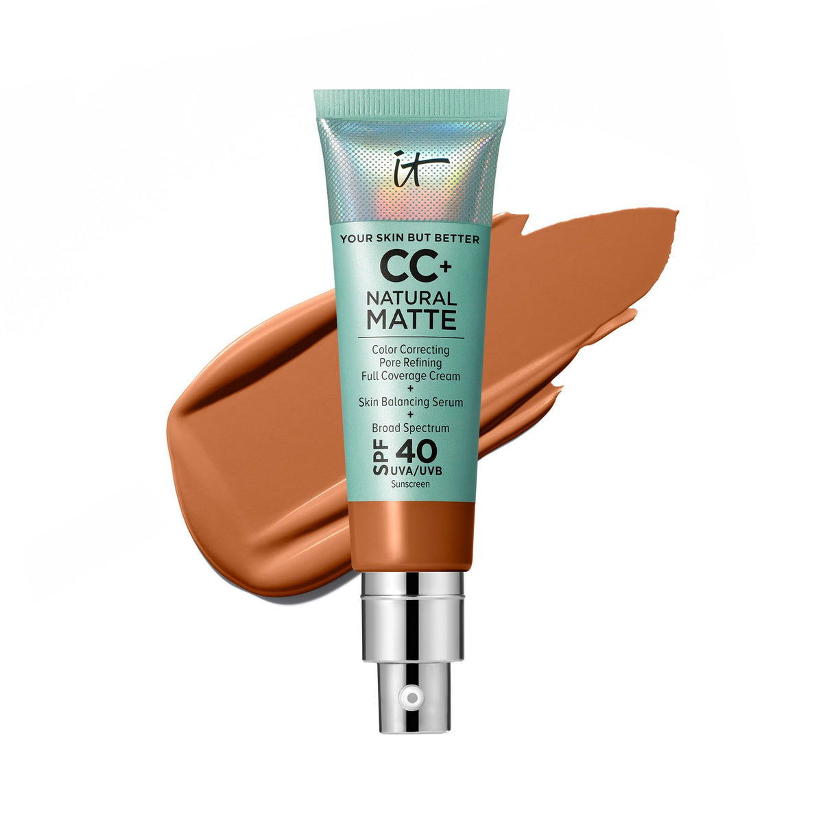 IT Cosmetics CC+ Natural Matte Rich Cool bottle with pump showing smooth matte coverage