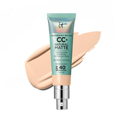 IT Cosmetics CC+ Cream Natural Matte SPF 40 bottle-pump demonstrates easy, poreless coverage.
