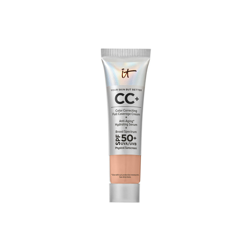 IT Cosmetics CC+ Cream Travel bottle pump demonstrates on-the-go foundation application