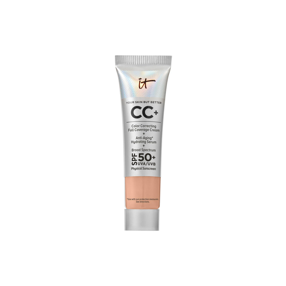 IT Cosmetics CC+ Cream Travel bottle pump demonstrates on-the-go foundation application