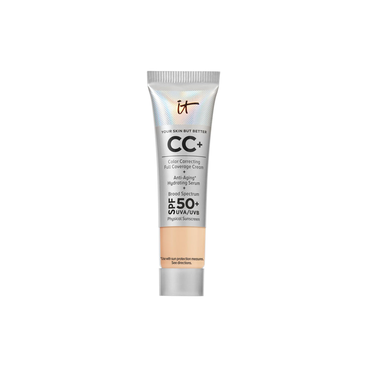 IT Cosmetics CC+ Cream Travel bottle with pump for easy application and SPF 50+ protection.