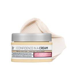 IT Cosmetics Confidence in a Cream Travel bottle pour delivers immediate hydration for on-the-go use.