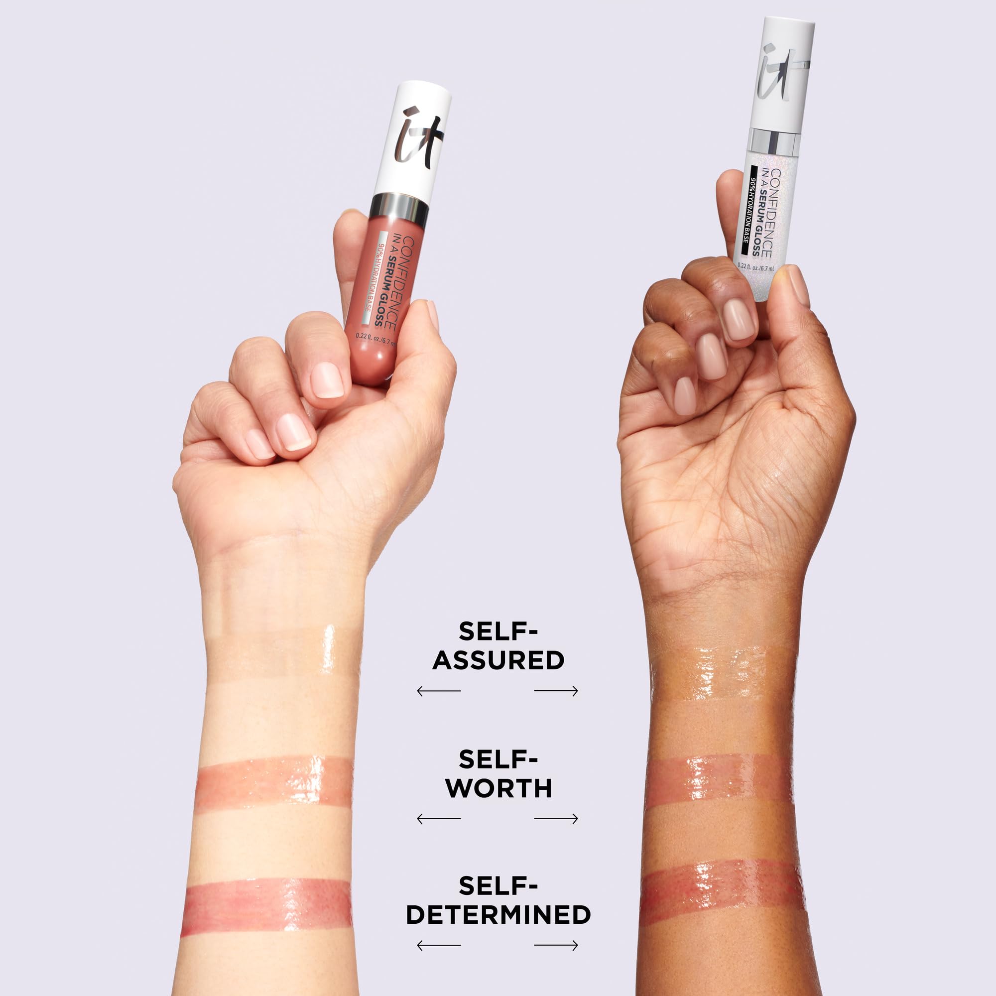 IT Cosmetics Confidence in a Serum Lip Gloss paired with Superhero Mascara for a minimal makeup routine