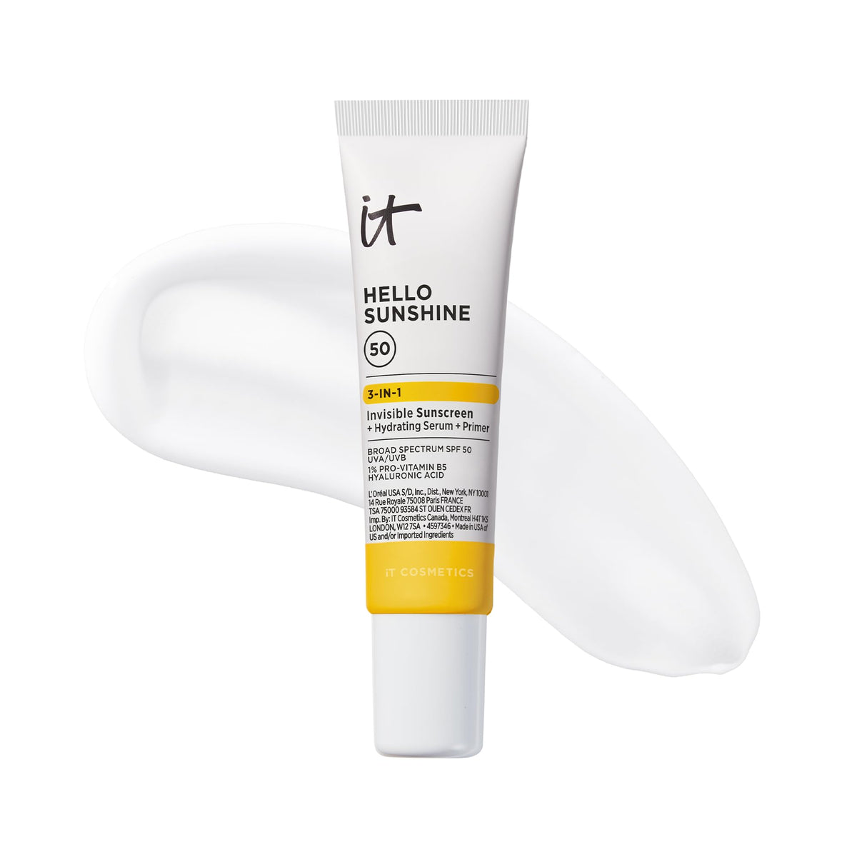 IT Cosmetics Hello Sunshine bottle close-up showing clear SPF 50 protection for daily wear