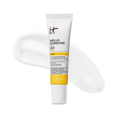 IT Cosmetics Hello Sunshine bottle close-up showing clear SPF 50 protection for daily wear