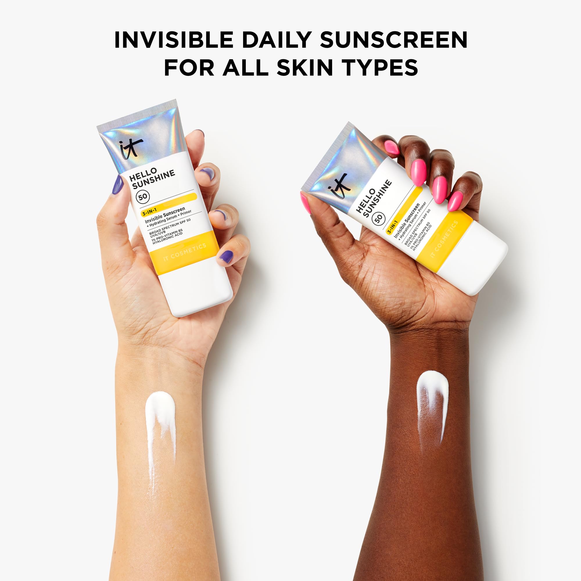 No white cast visible when applied to skin in close-up.