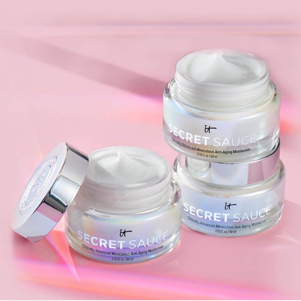 Day and night routine setup featuring IT Cosmetics Secret Sauce.