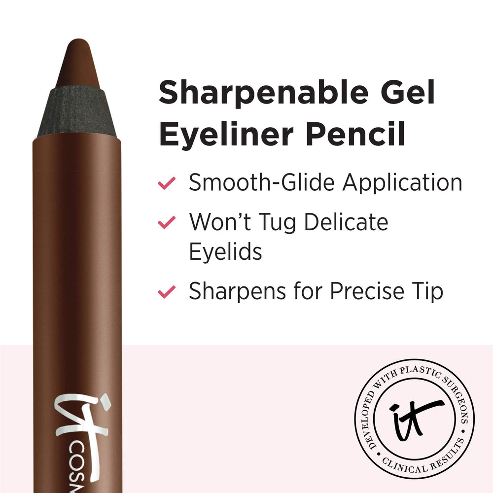 IT Cosmetics Superhero No-Tug Gel Eyeliner Brilliant Brown liner on lash line for definition