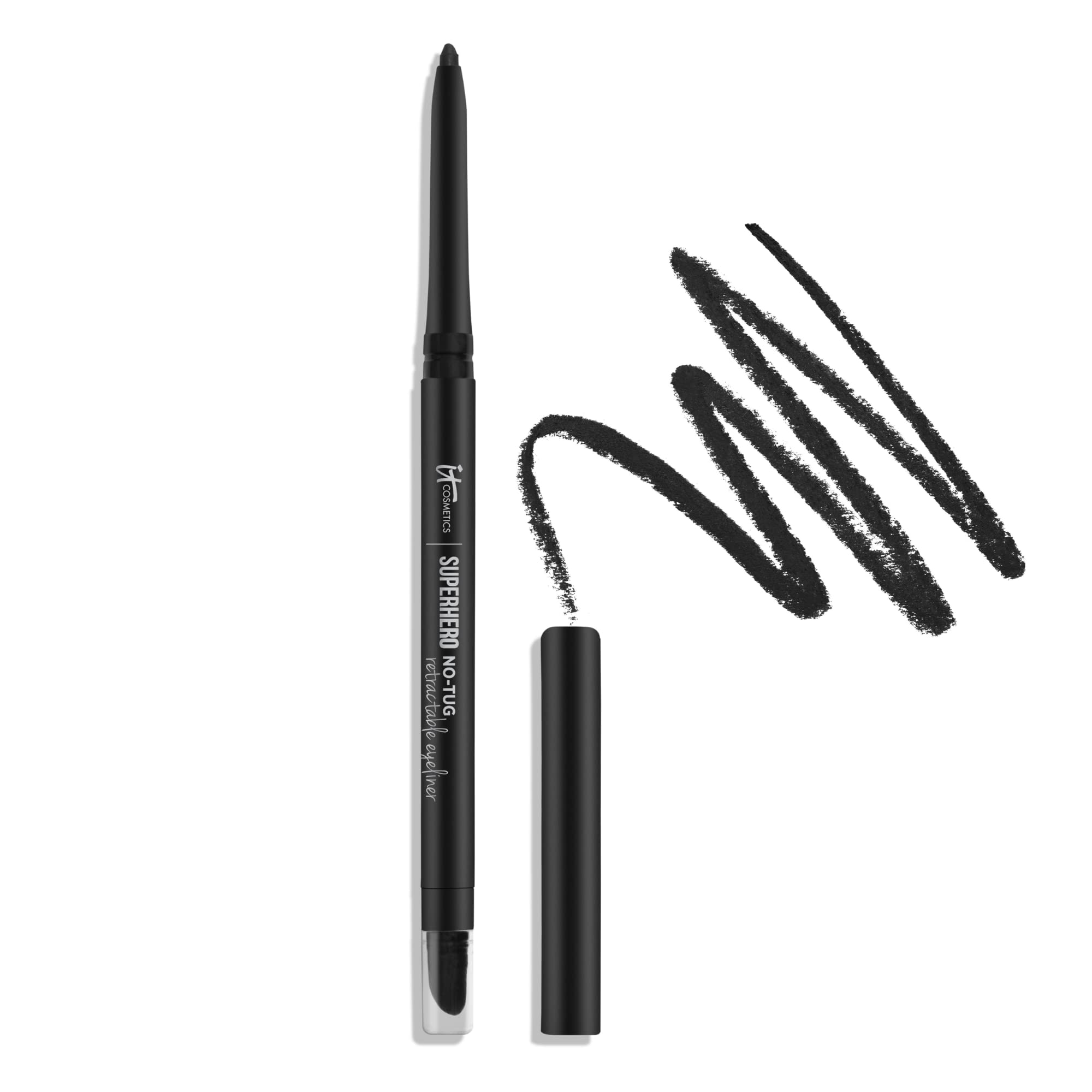 IT Cosmetics Superhero No-Tug retractable eyeliner in black packaging for easy automatic application.