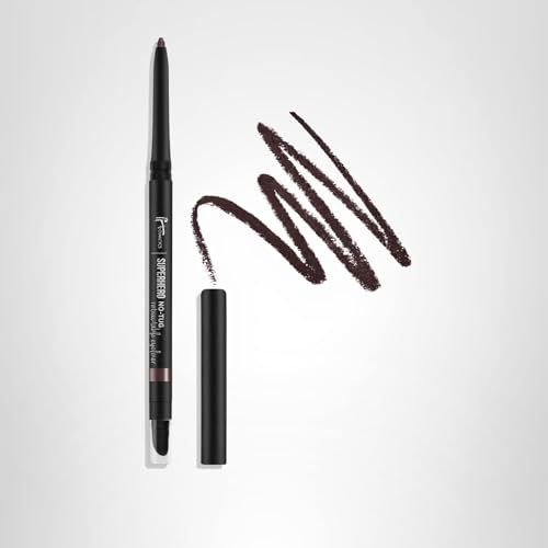 IT Cosmetics Superhero No-Tug Eyeliner travel-friendly case complements on-the-go touch-ups.