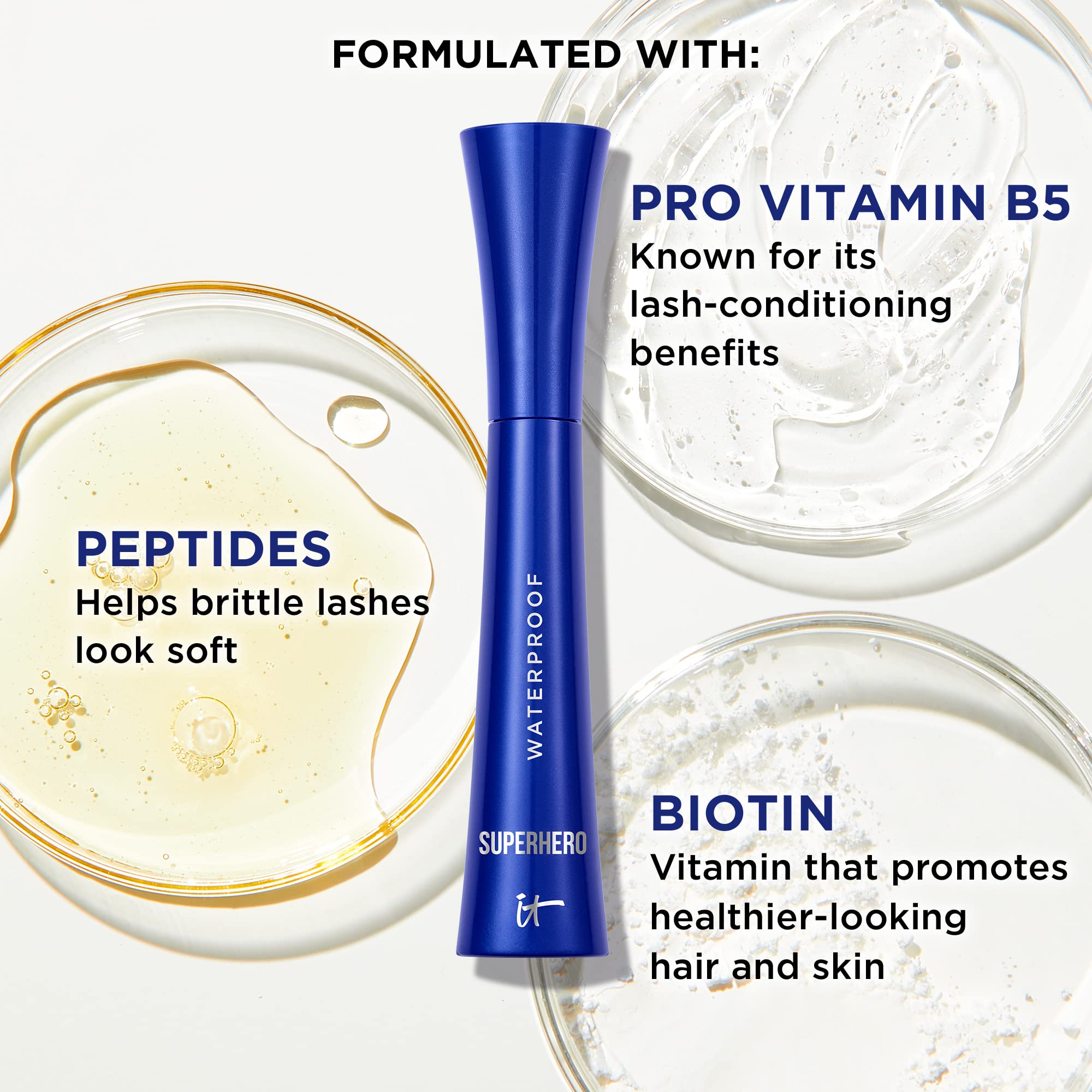 Close-up emphasizes biotin, peptides, and pro-vitamin B5 benefits.