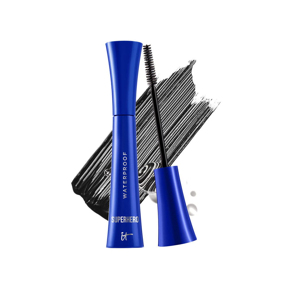 IT Cosmetics Superhero waterproof mascara front bottle for long-lasting dramatic lashes.