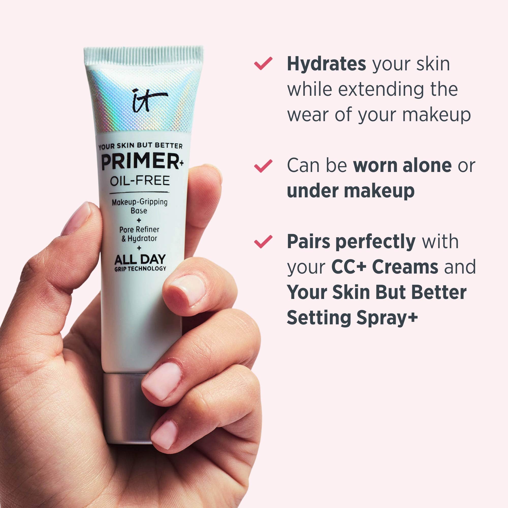 IT Cosmetics Your Skin But Better Primer Plus bare-skin hydration shot shows refreshed, non-greasy look.