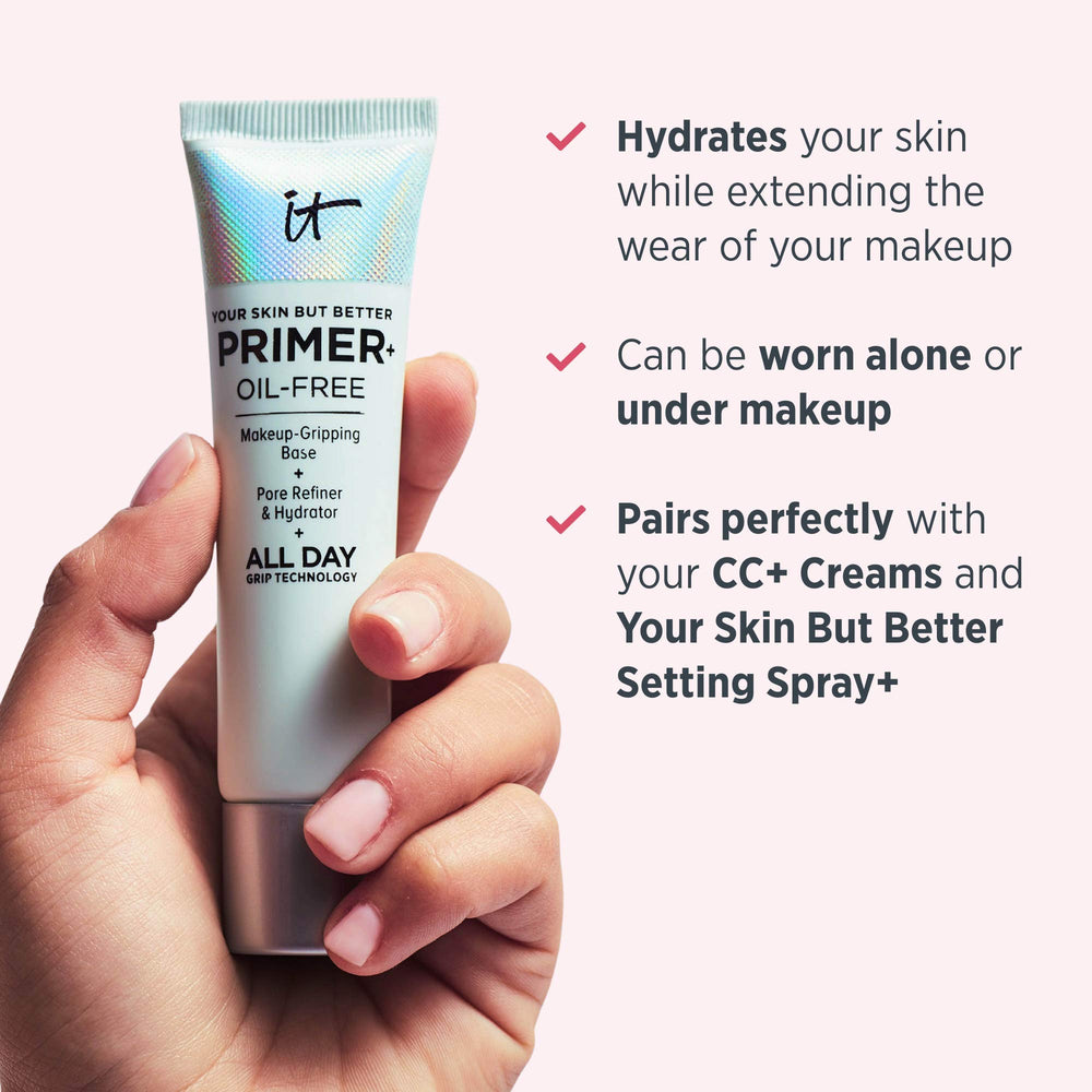 IT Cosmetics Your Skin But Better Primer Plus bare-skin hydration shot shows refreshed, non-greasy look.