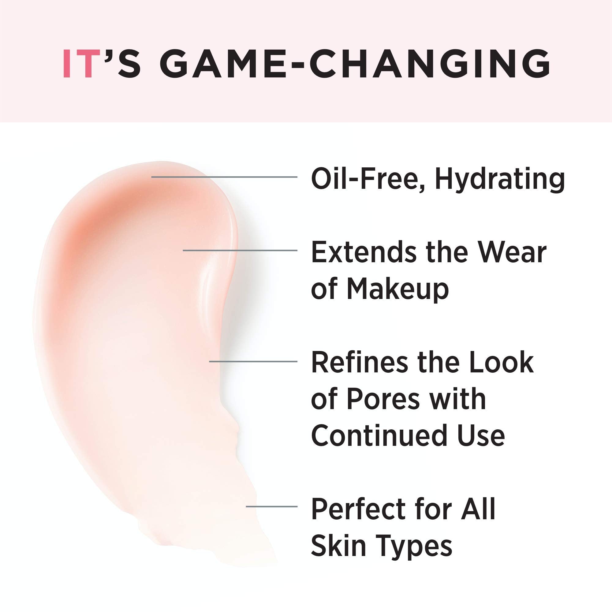 IT Cosmetics Your Skin But Better Primer Plus texture swatch hints at a smooth, pore-refined finish.