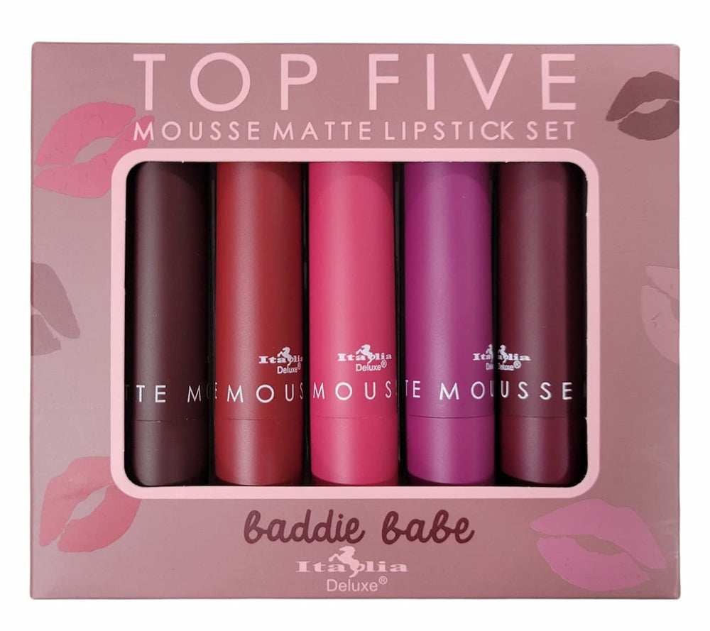 Italia Deluxe Baddie Babe mousse lipstick set front view with six bold shades.