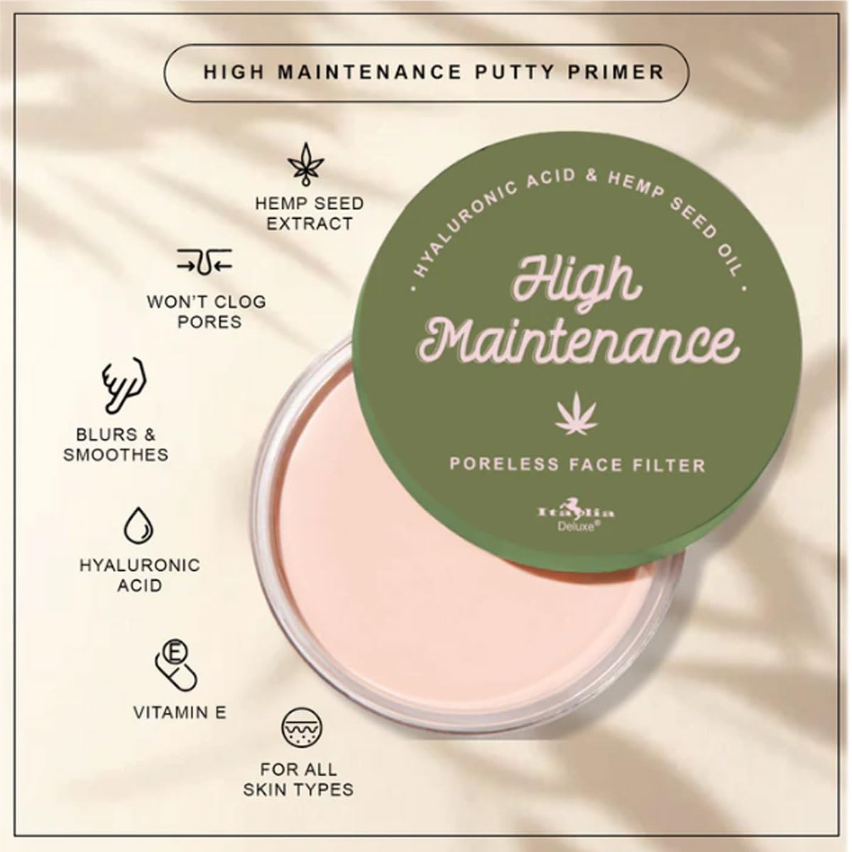 Italia Deluxe putty primer texture swatch shows creamy, blendable consistency for even application.