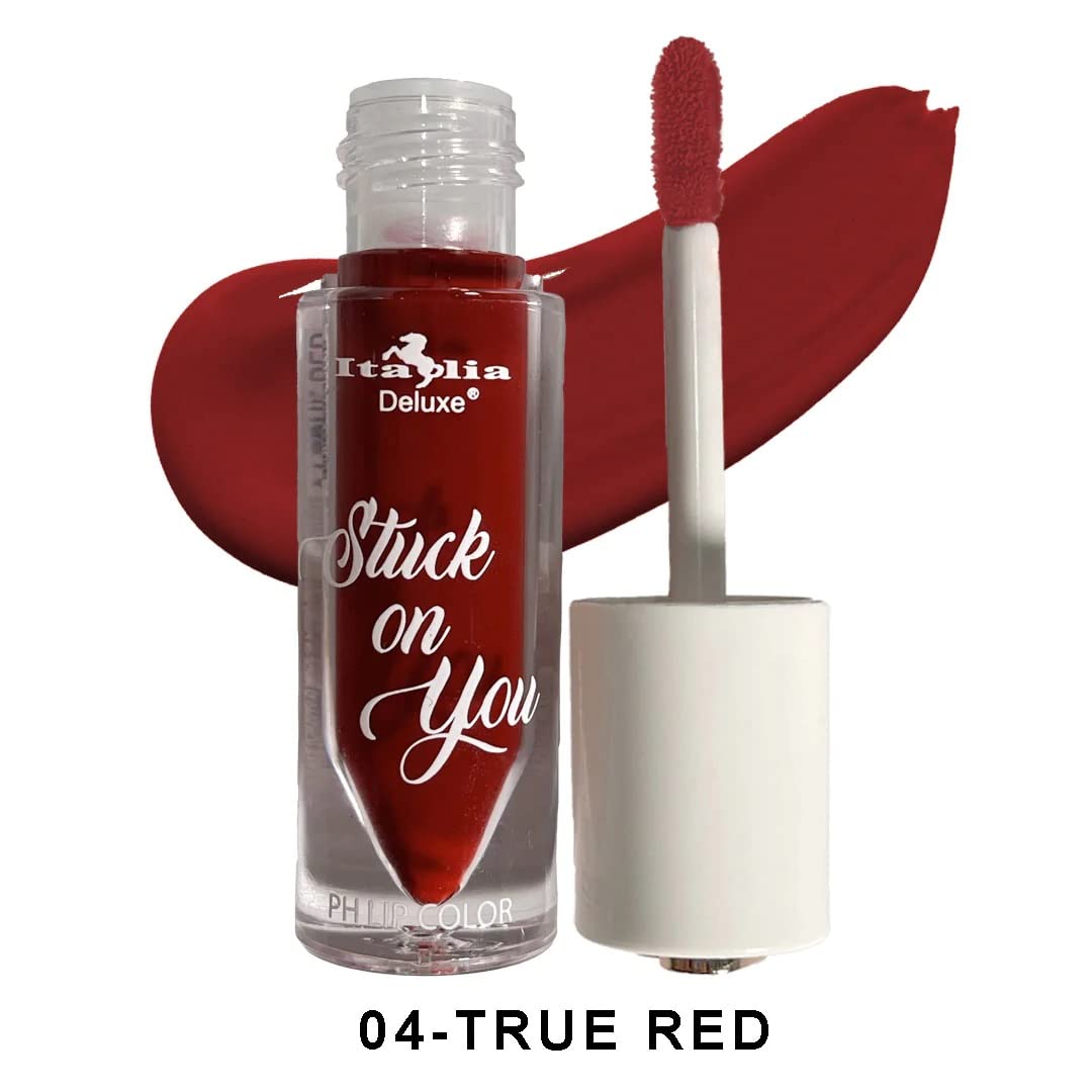 Italia Deluxe Stuck On You lip color 6-set on lips in daylight reveals bright tint.