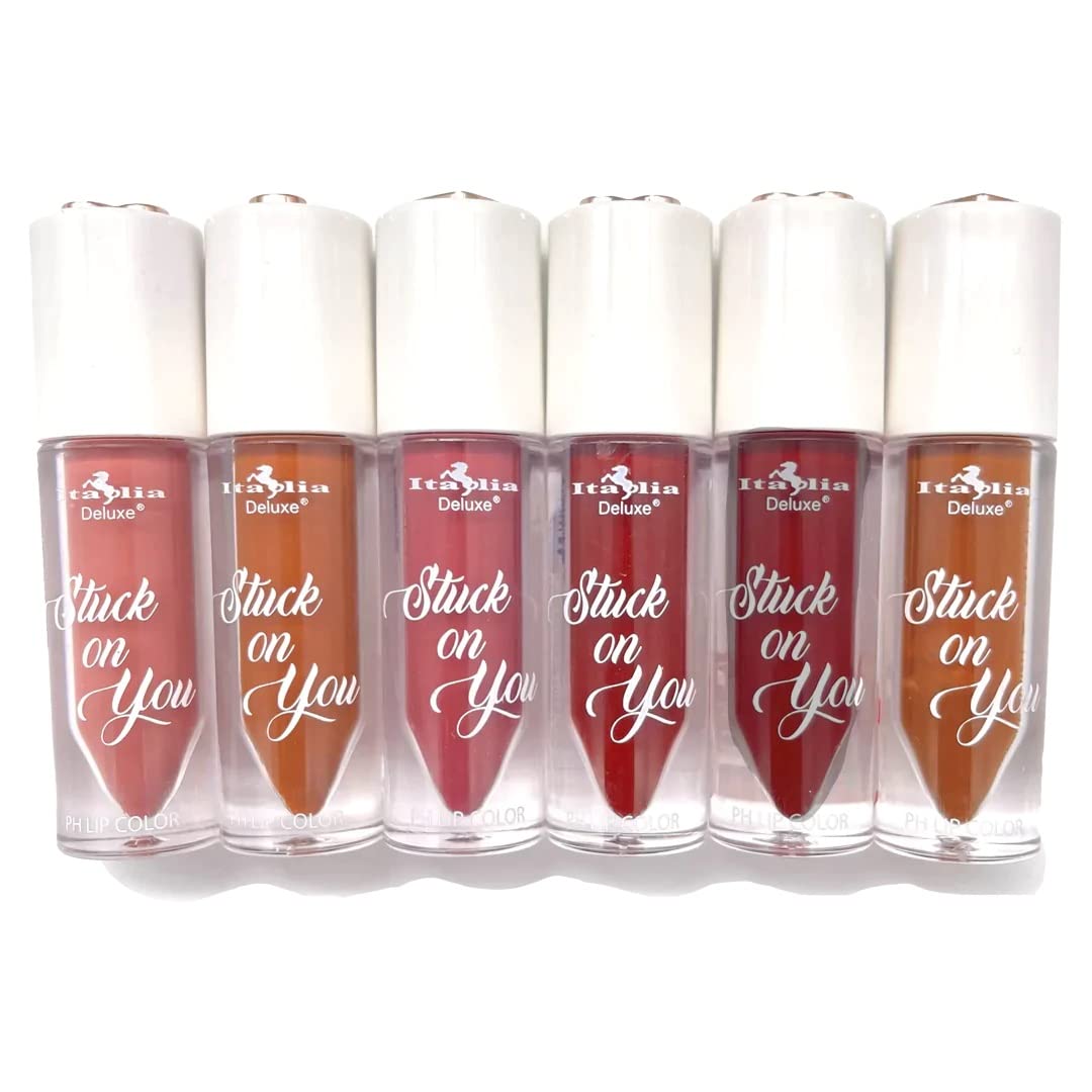 Italia Deluxe Stuck On You lip color 6-set packaging highlights long-lasting, rich tint.