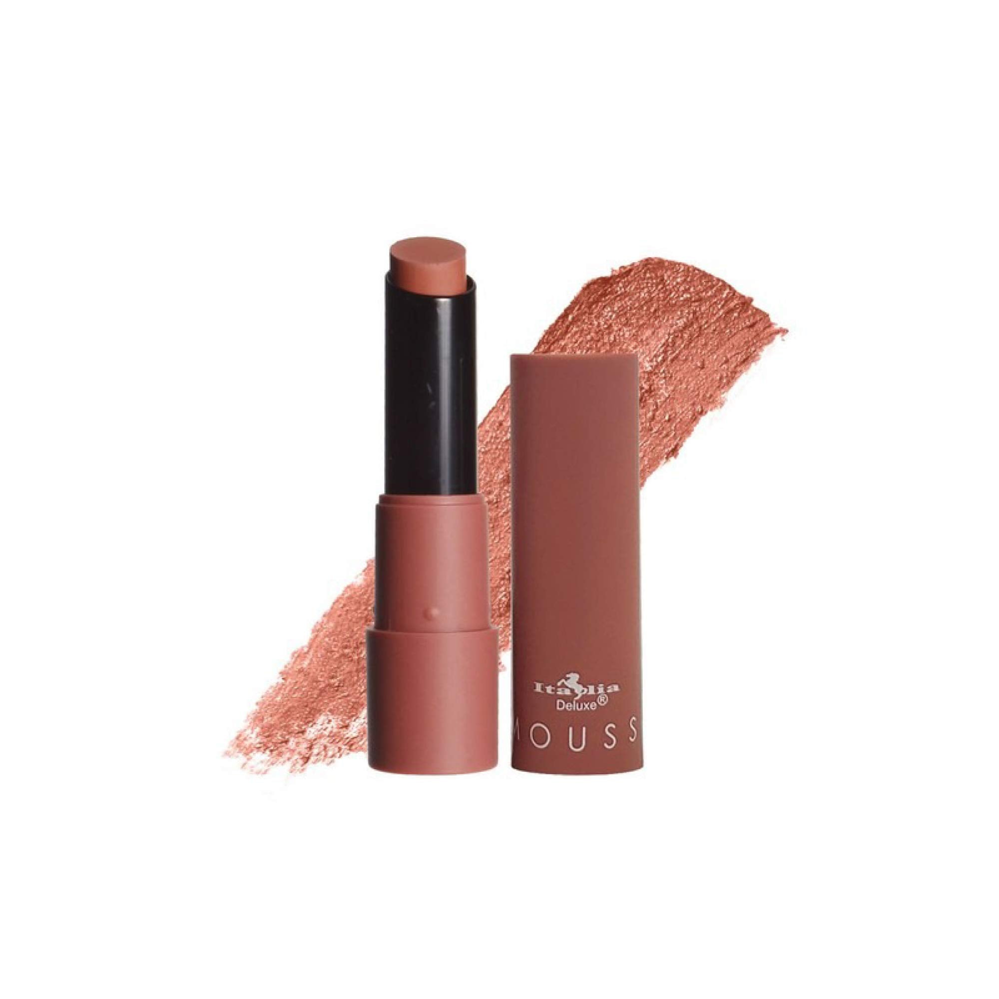Italia Deluxe Top Five Mousse Matte Lipstick Send Nudes close-up application showing smooth, long-lasting color.