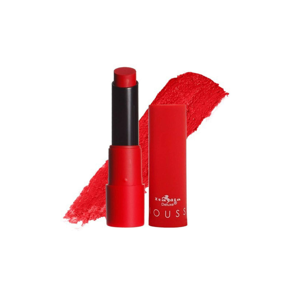 Italia Deluxe Caliente swatch delivers intense red for statement lips.
