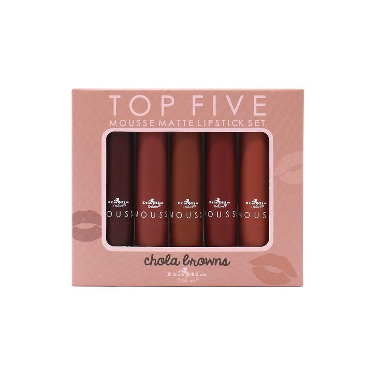 Italia Deluxe Top Five Mousse Matte Lipstick Set packaging shows premium box for gifting