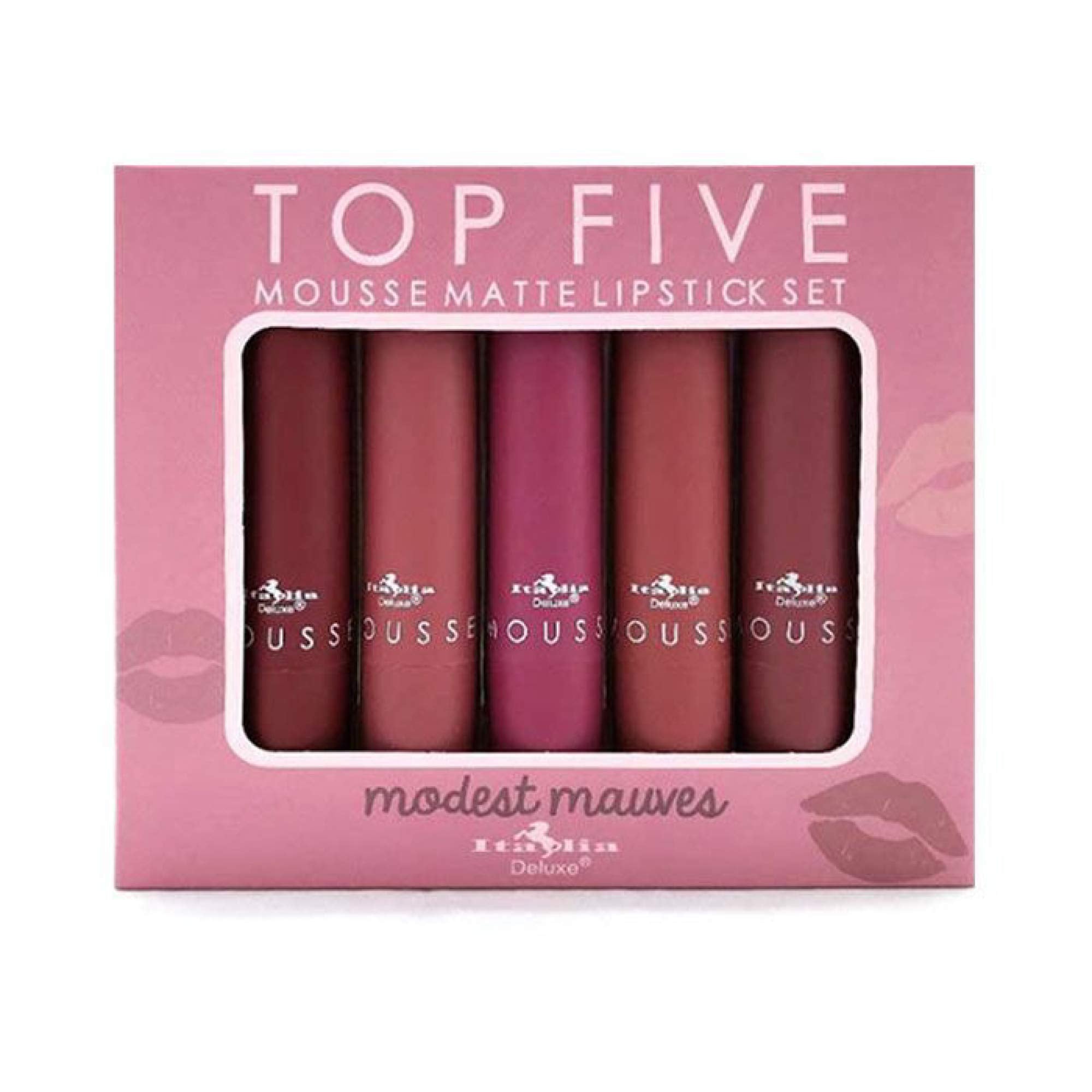 Italia Deluxe packaging and branding for the Top Five Mousse Matte Lipstick Set.