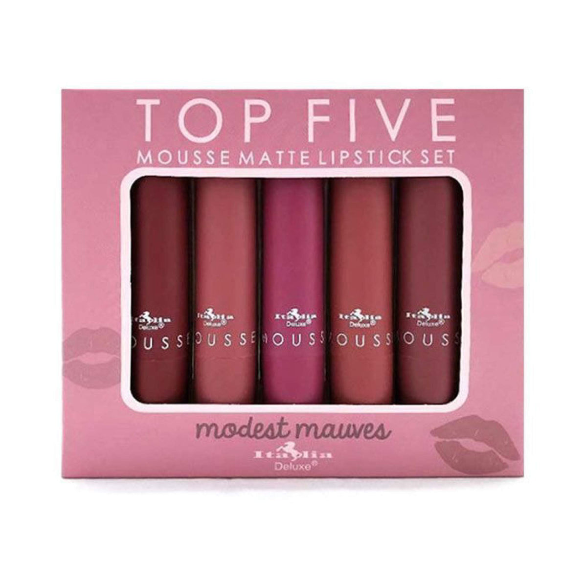 Italia Deluxe packaging and branding for the Top Five Mousse Matte Lipstick Set.