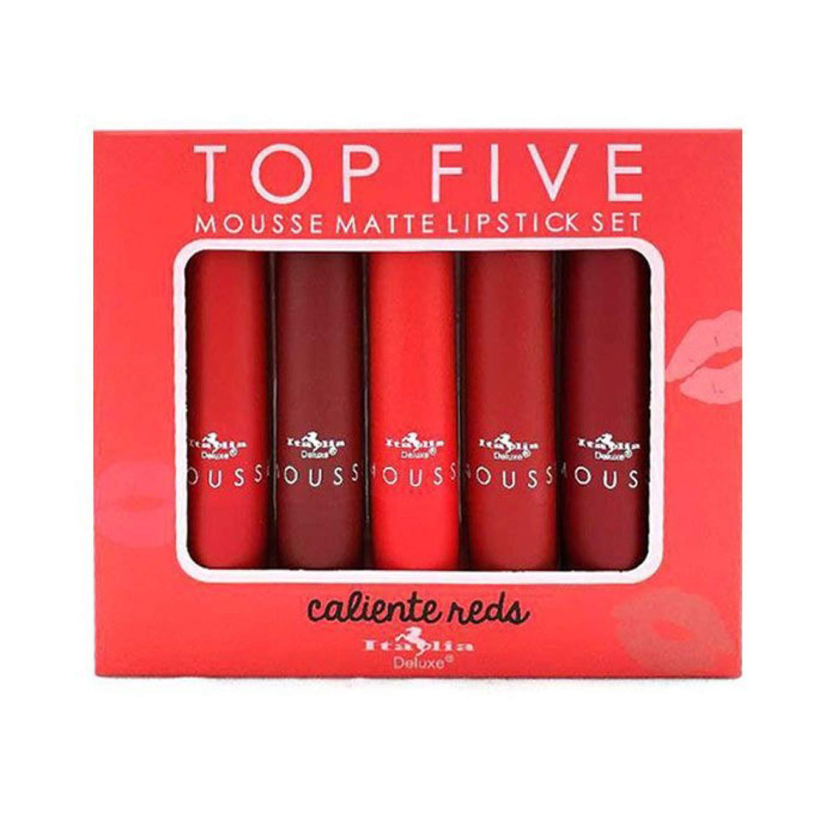 Italia Deluxe Stiletto swatch shows bold red with velvety matte finish.