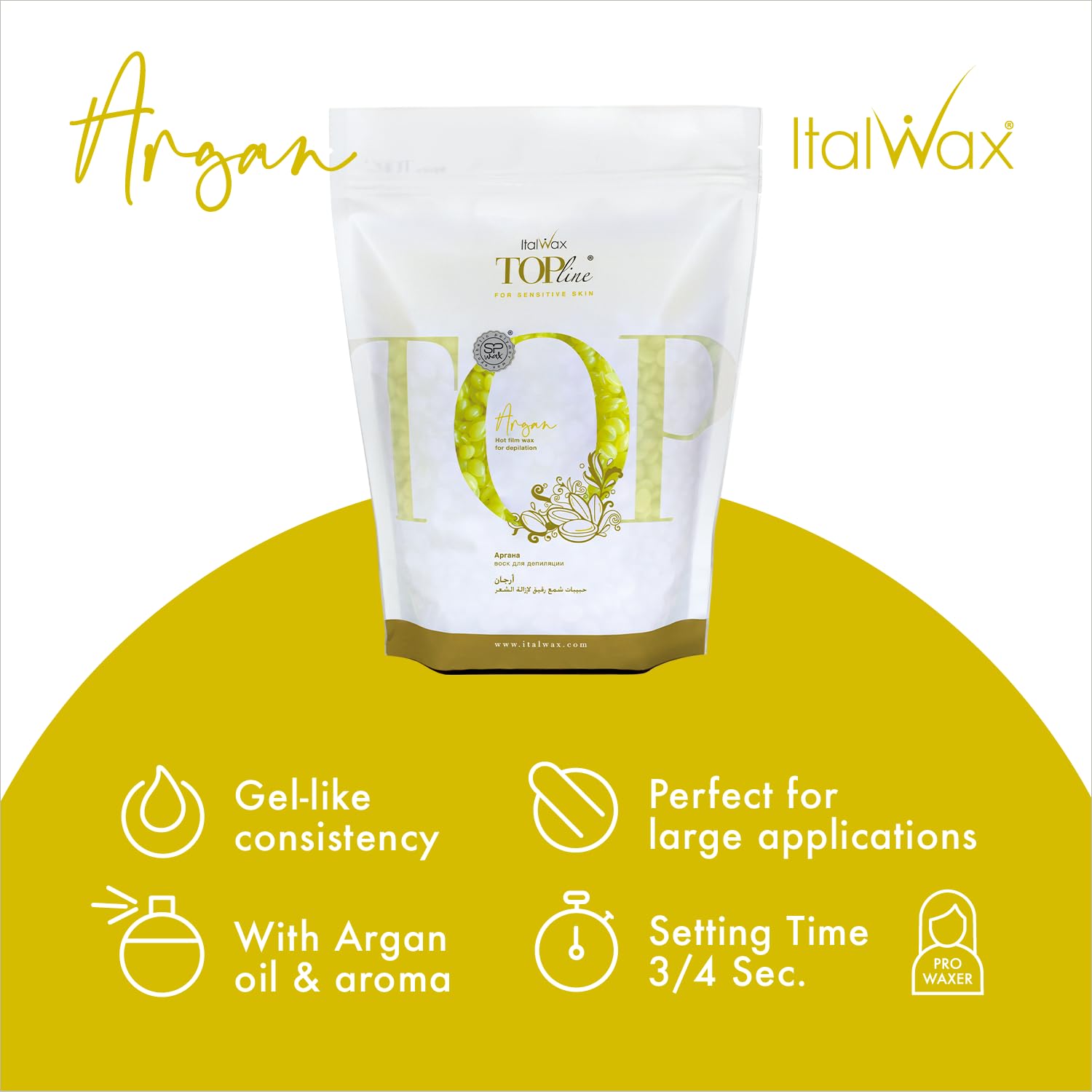 Italwax Top Line Argan Hard Wax with argan oil droplets for a refined application.