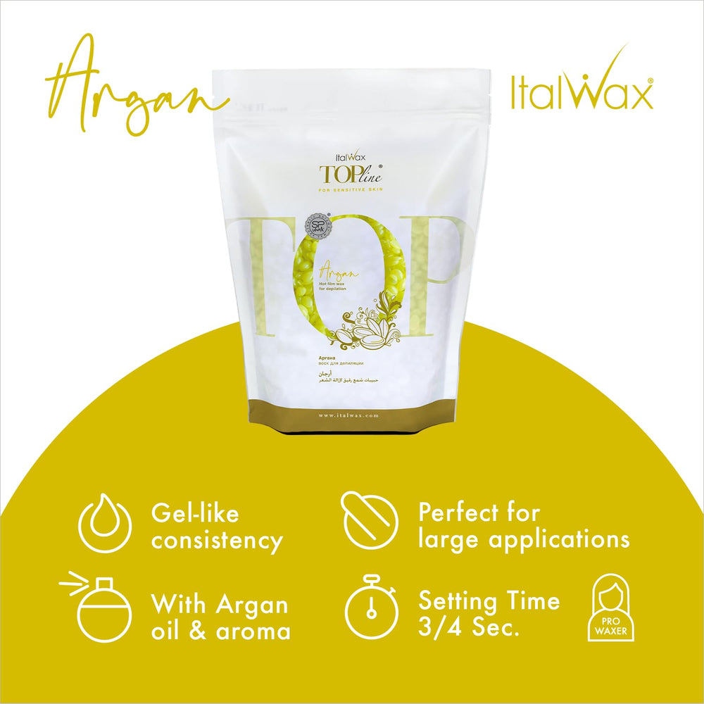 Italwax Top Line Argan Hard Wax with argan oil droplets for a refined application.