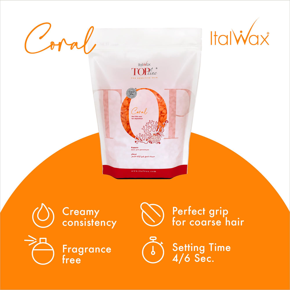 Italwax Top Line Coral hard wax, creamy texture enabling smooth application.