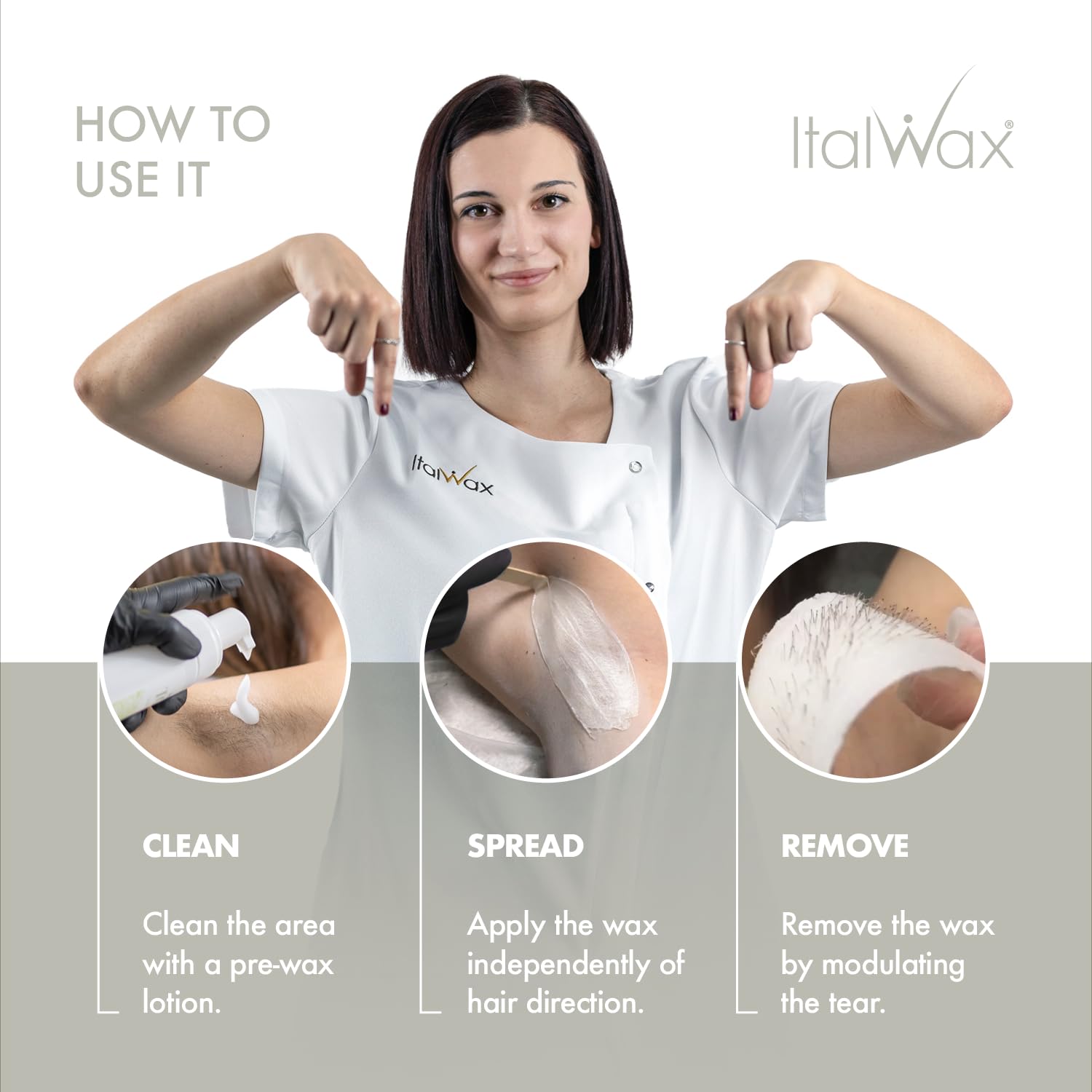 Face-area waxing application shot demonstrates controlled spreading on delicate lines.