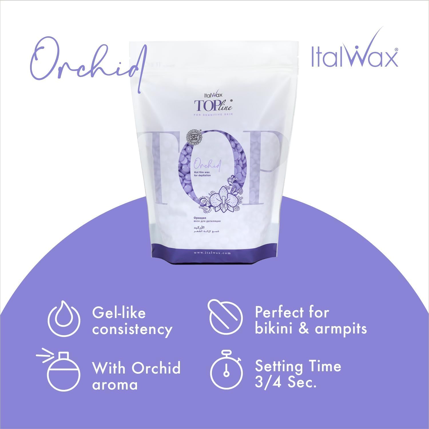 Italwax Top Line Orchid hard wax demonstrating fast-set indicator for efficient service.