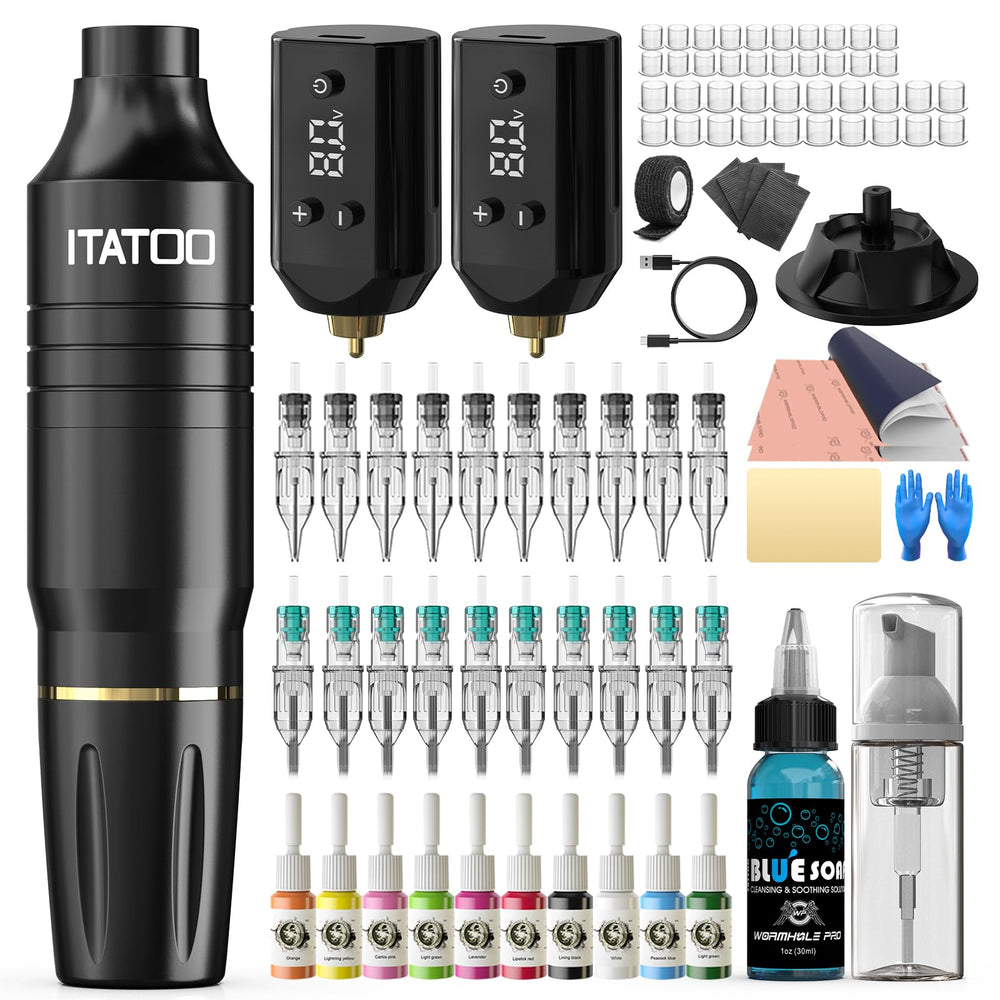 ITATOO tattoo gun kit front view with wireless design for studio and travel