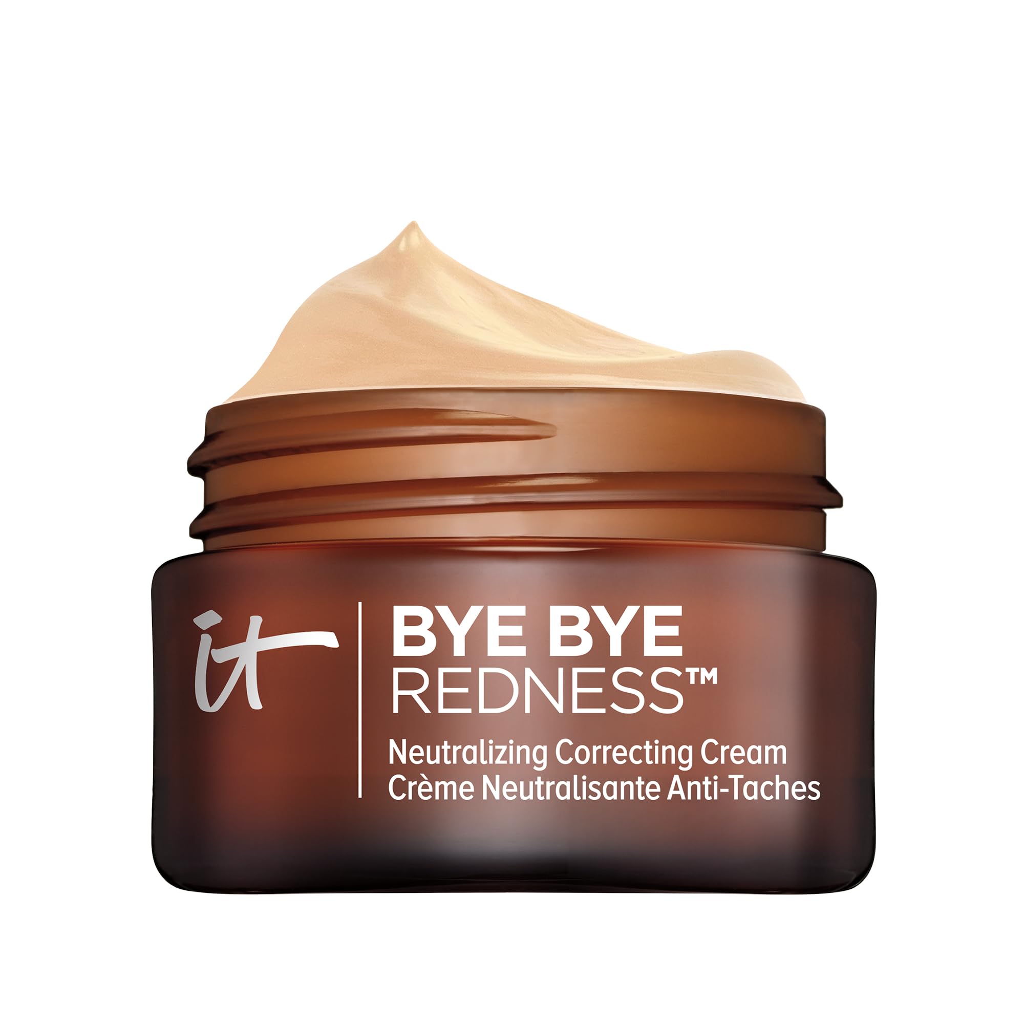 IT Cosmetics Bye Bye Redness bottle shows tinted cream for balanced skin tone.