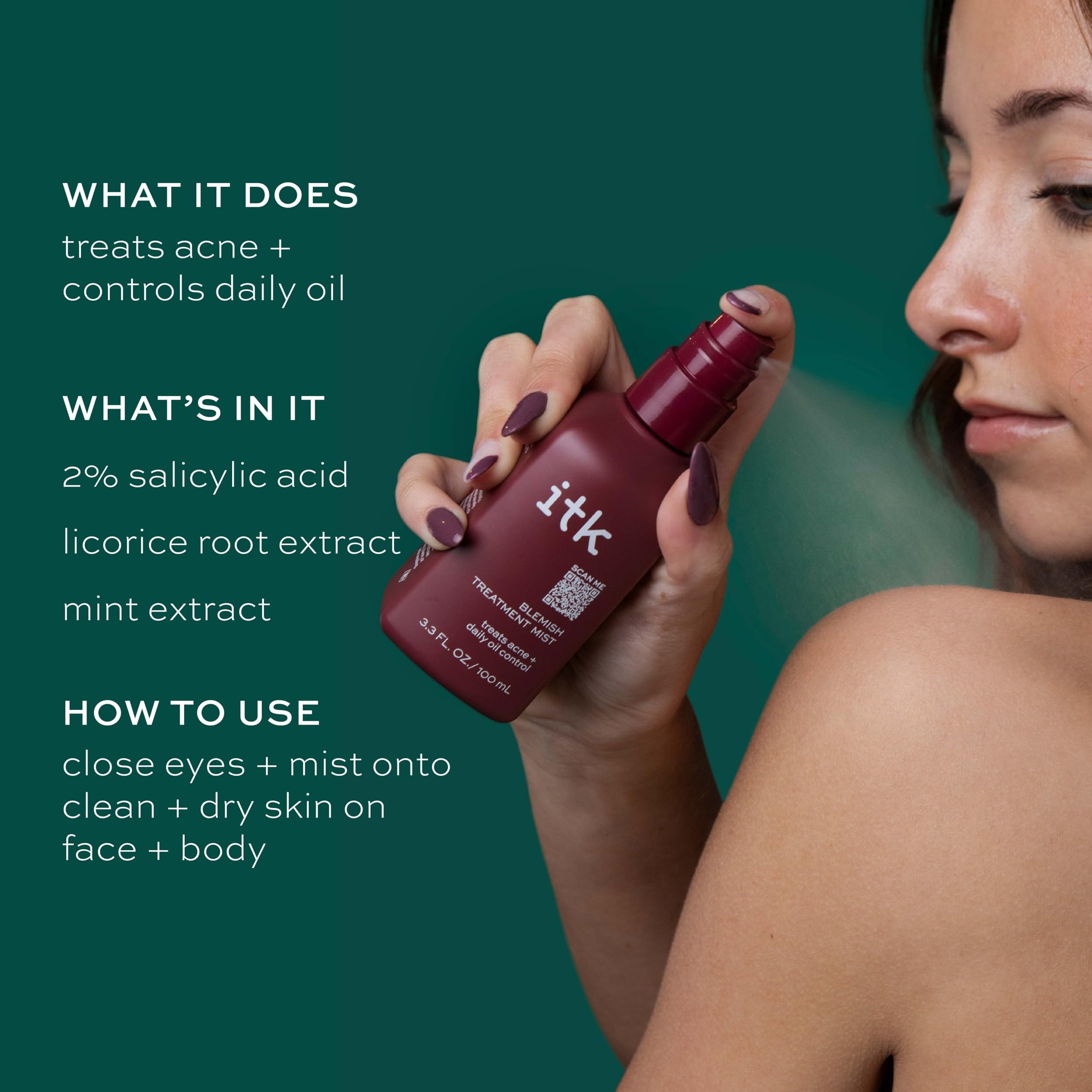 ITK Skincare blemish spray supports daily pore care.