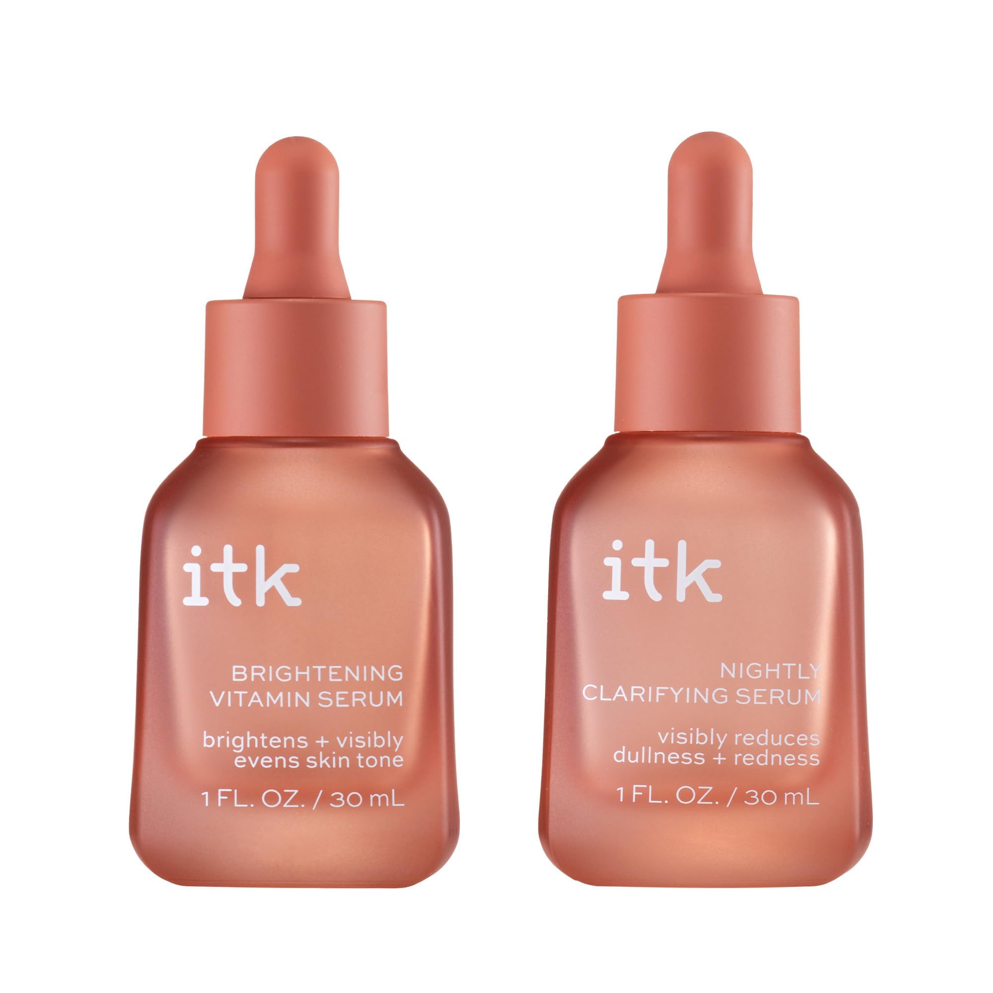 ITK Skincare brightening vitamin serum bottle boosts radiant, even tone.