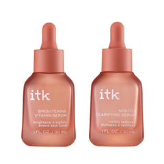 ITK Skincare brightening vitamin serum bottle boosts radiant, even tone.