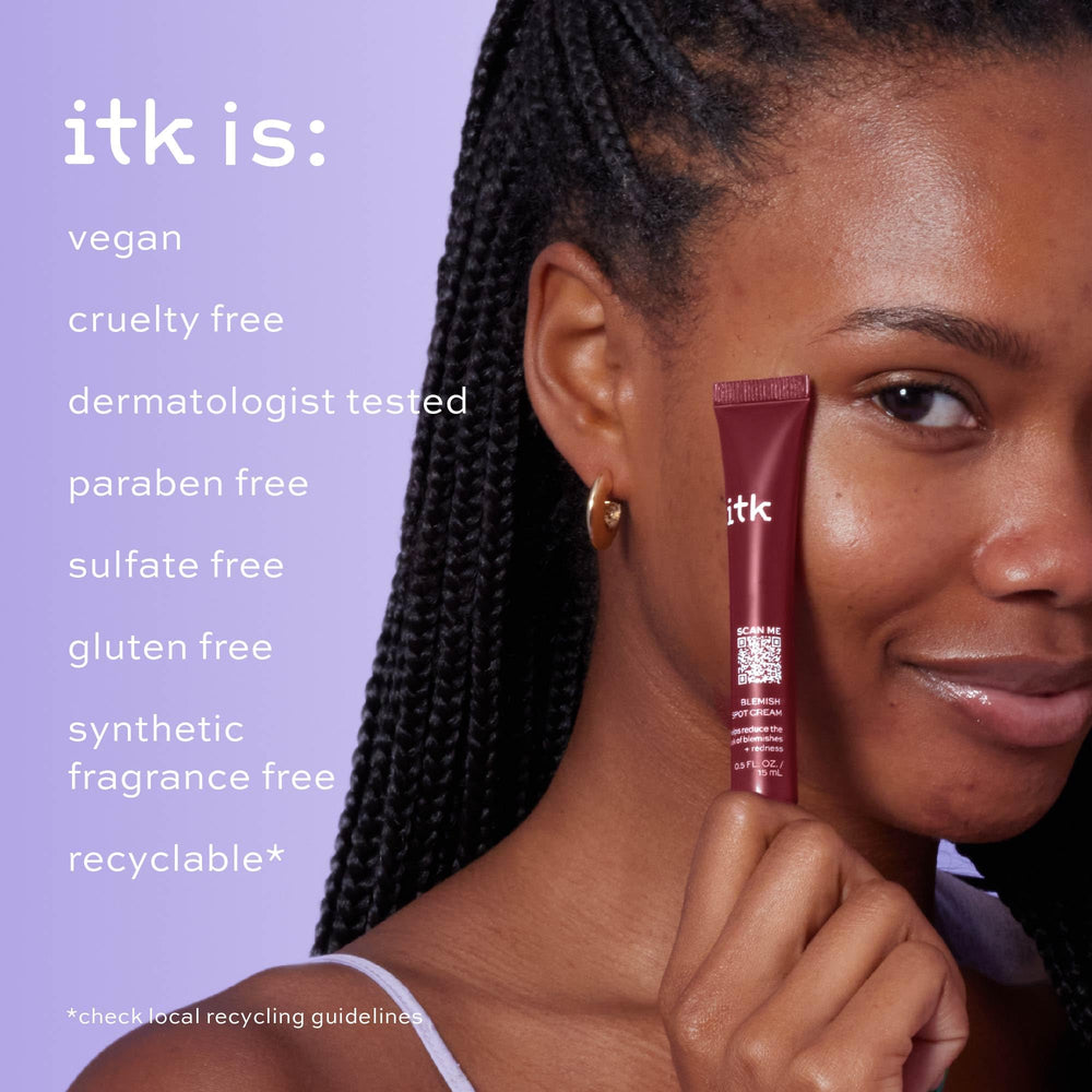 ITK Skincare tube being spread over skin communicates easy daily use.