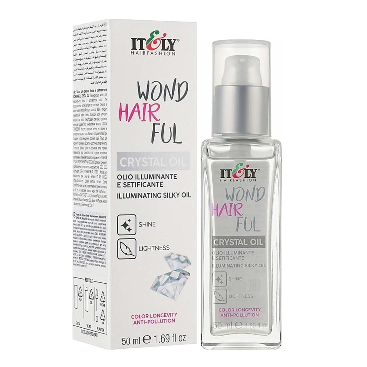 It&ly Wondhairful Crystal Oil bottle pour delivers a luminous, silky finish for hair.