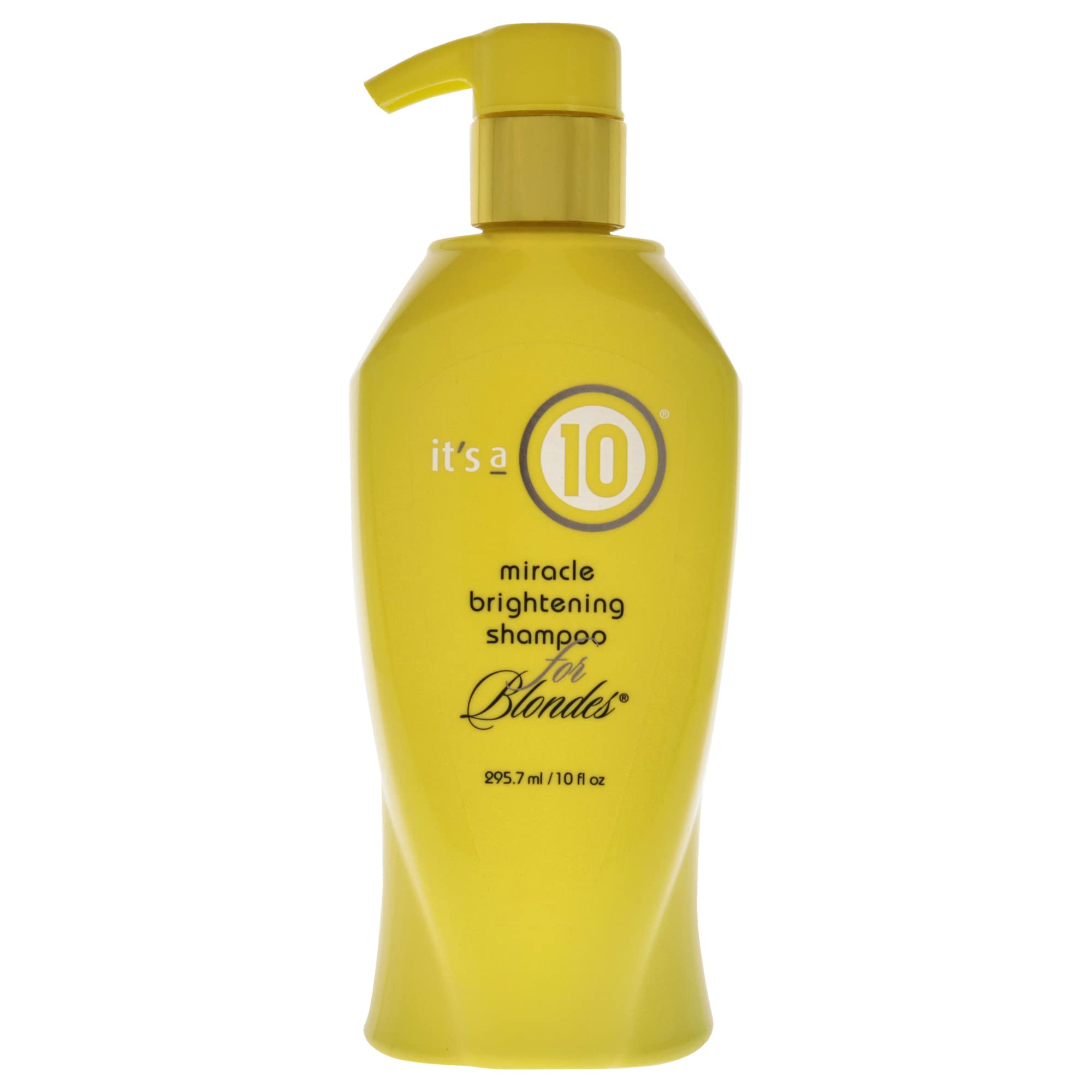 It's a 10 Haircare Miracle Brightening Shampoo bottle highlights platinum blonde tones, adding subtle shine.