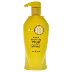 It's a 10 Haircare Miracle Brightening Shampoo bottle highlights platinum blonde tones, adding subtle shine.