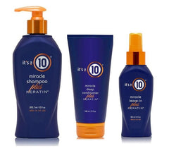 It's a 10 Haircare Keratin Collection Trio conditioner bottle for detangled, shiny hair.