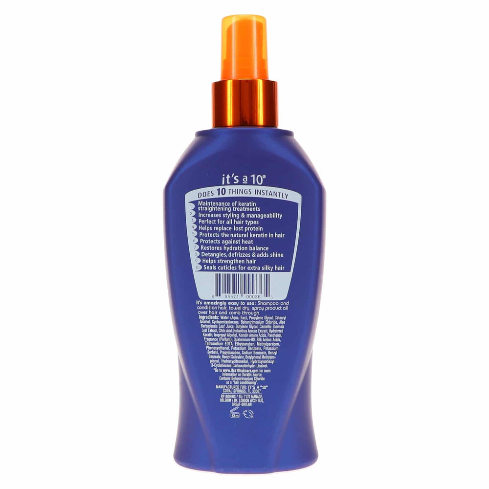It's a 10 Haircare Miracle Leave-In Keratin Spray applied on damp hair for frizz control.